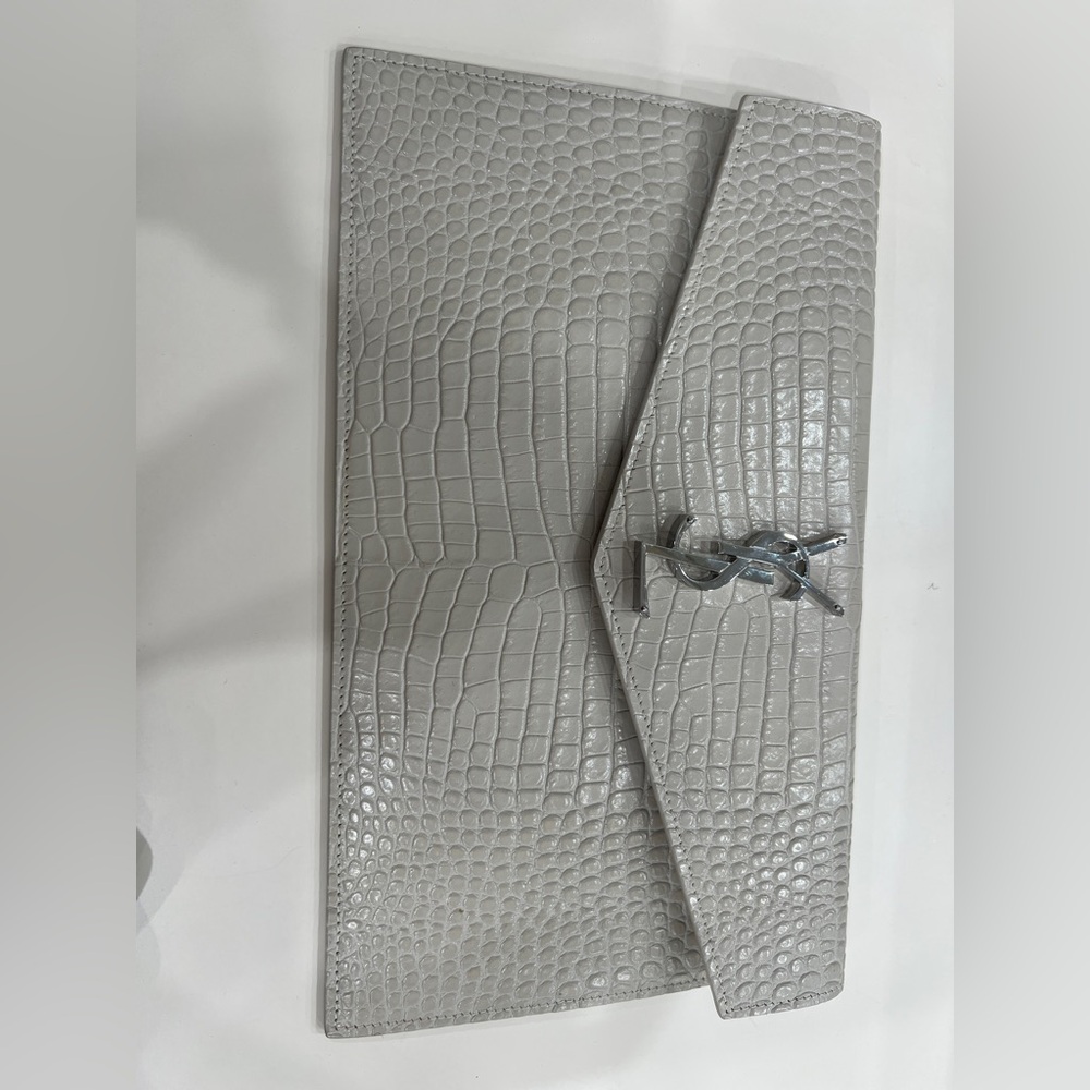 Yves Saint Laurent Gray Croc-Embossed Clutch